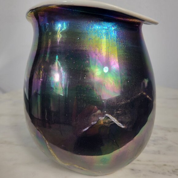 STUNNING VINTAGE IRIDESCENT STERLING SILVER FOLD OVER POTTERY CERAMIC VASE DISH - Picture 3 of 16